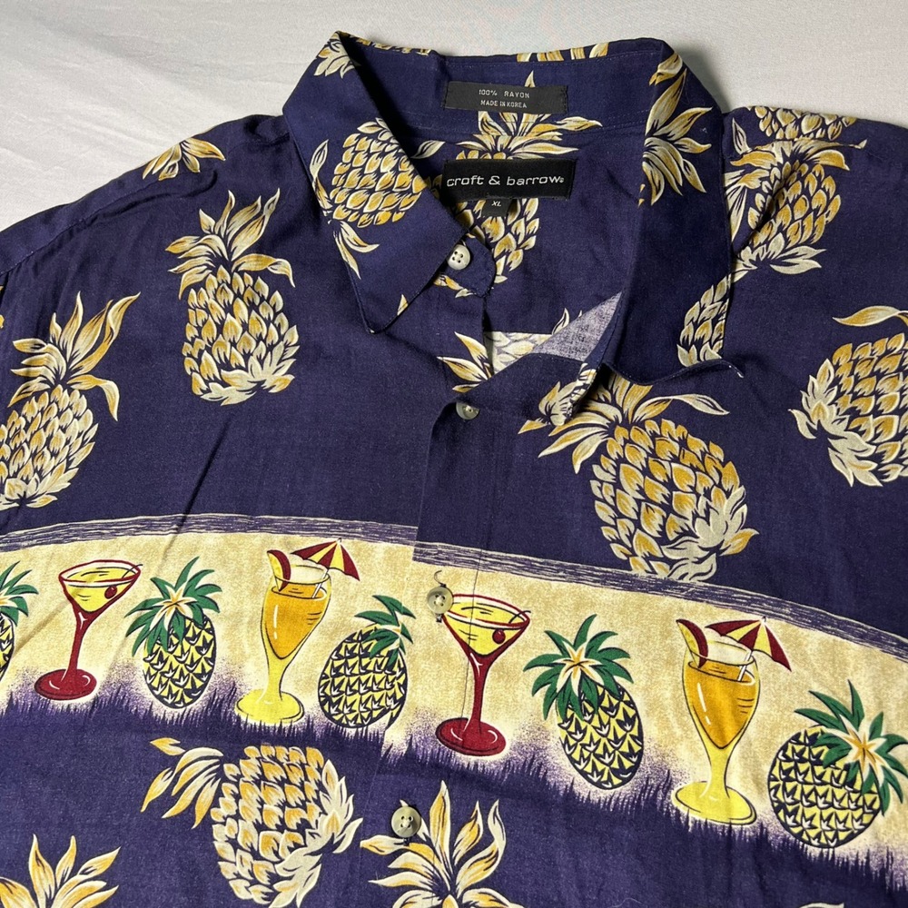 Croft & Barrow Mens XL Navy Blue Pineapple Cocktail Tropical Rayon Aloha Shirt